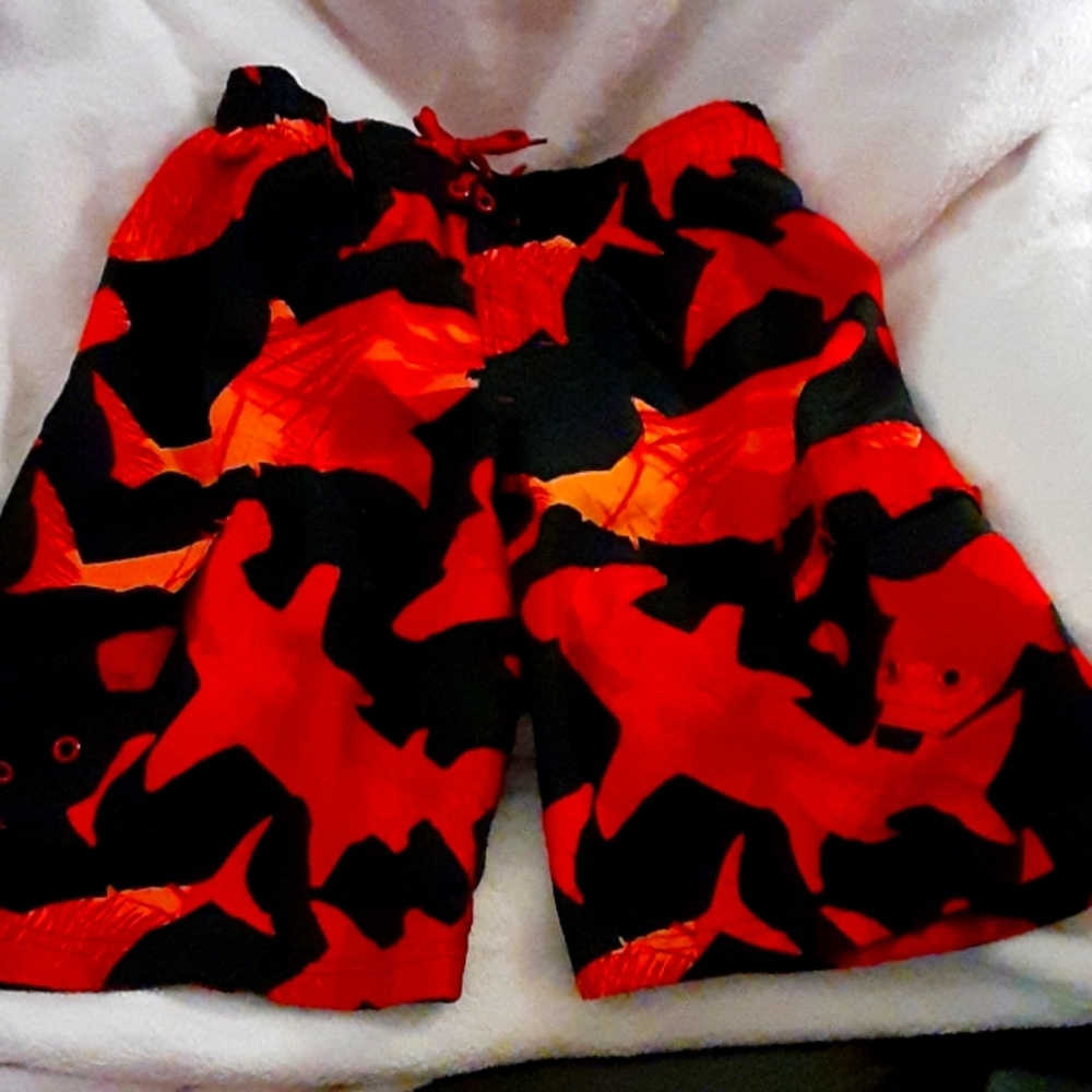 OP red black orange shark swim trunks mesh liner faux fly size Medium 8 EUC…